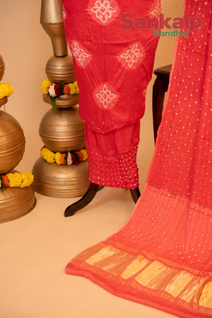 Pure Modal Gaji Silk Dress Material In Coral Pink