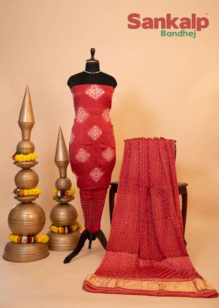 Pure Modal Gaji Silk Dress Material In Maroon