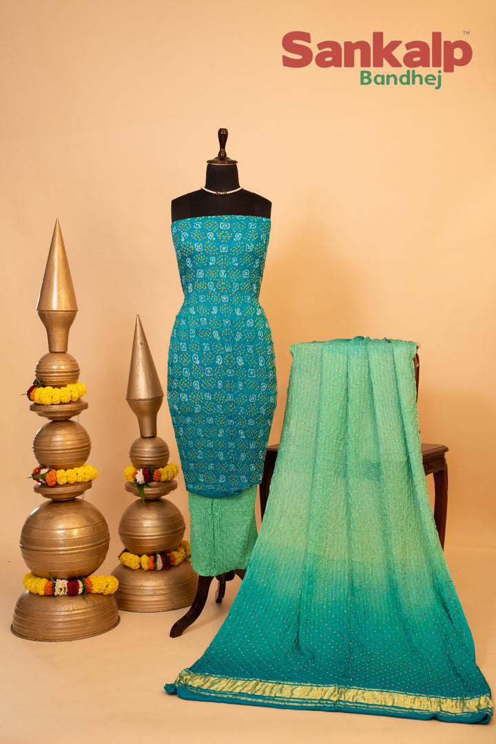 Sky Blue and Pastel Green Pure Gajji Rai Bandhej Dress Material