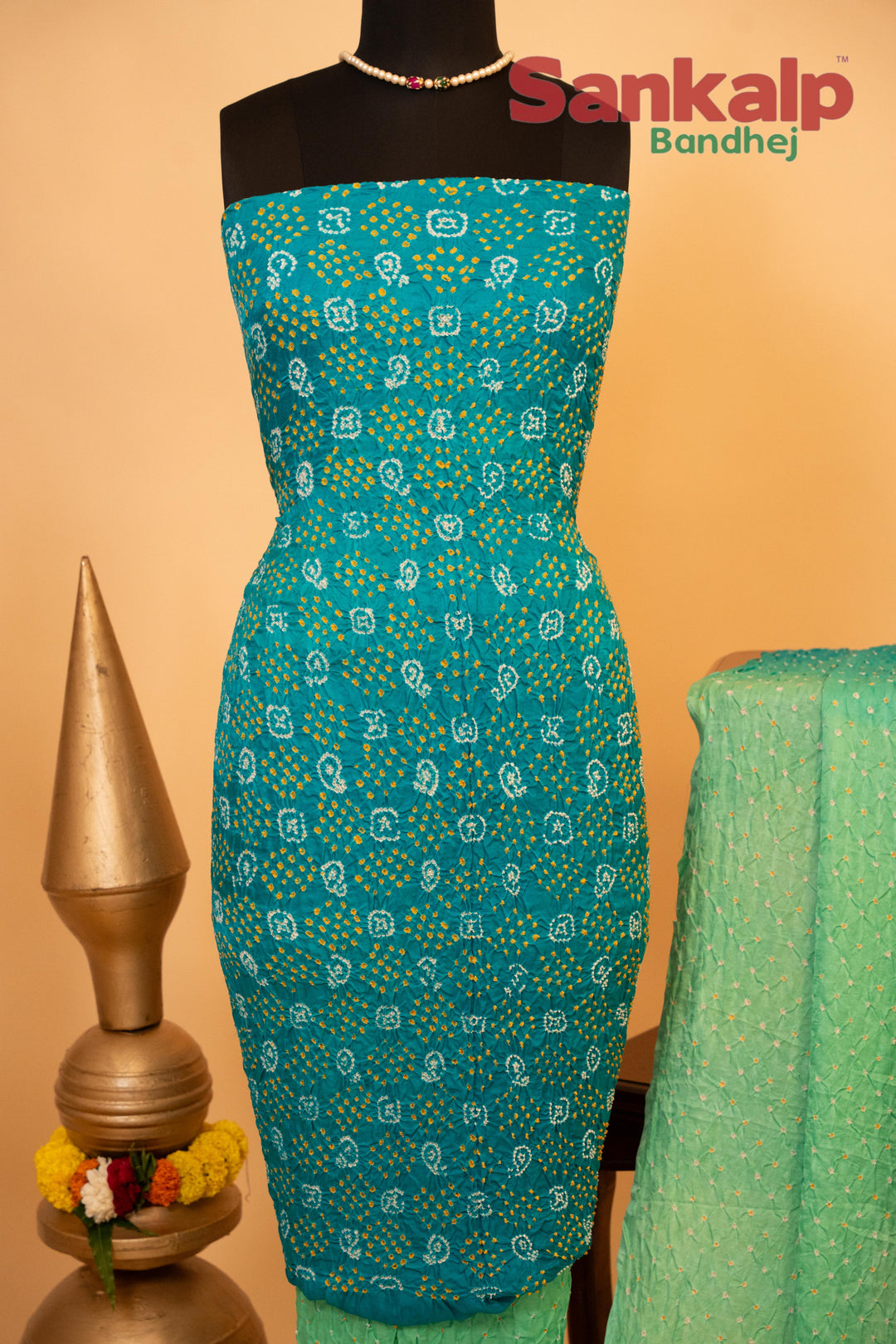 Sky Blue and Pastel Green Pure Gajji Rai Bandhej Dress Material