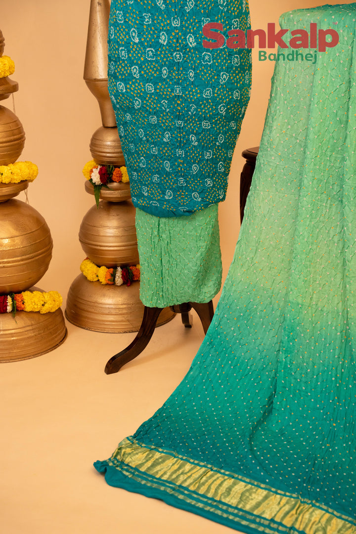 Sky Blue and Pastel Green Pure Gajji Rai Bandhej Dress Material