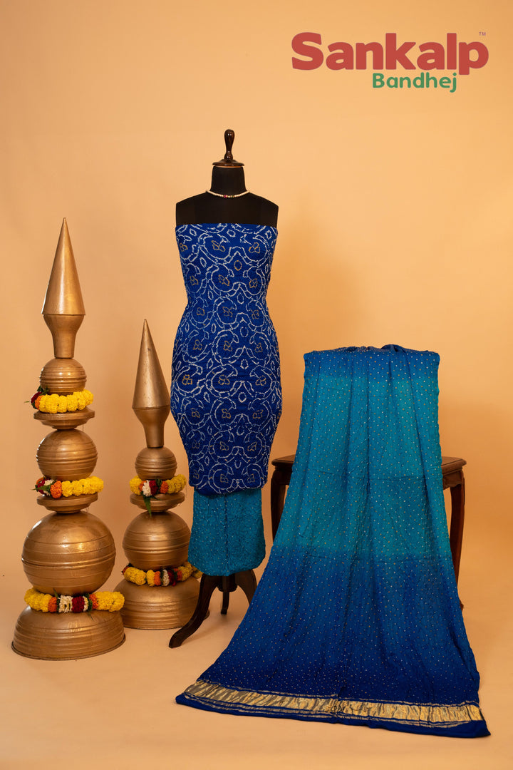 Blue Pure Gajji Rai Bandhej Dress Material