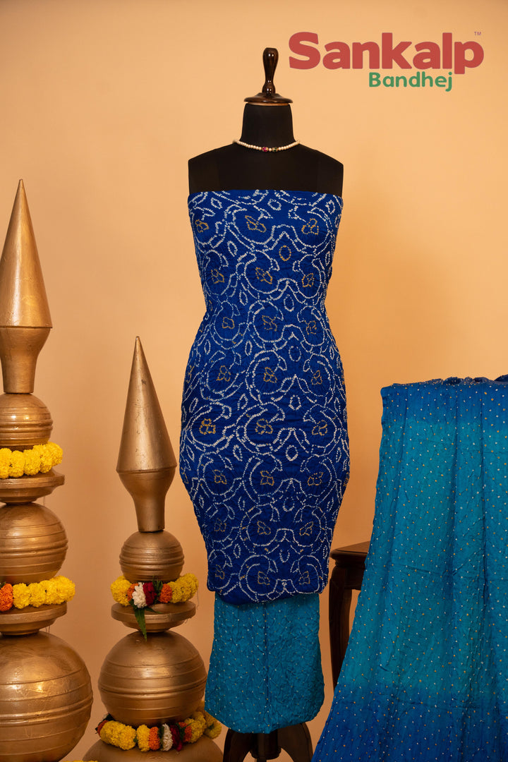 Blue Pure Gajji Rai Bandhej Dress Material