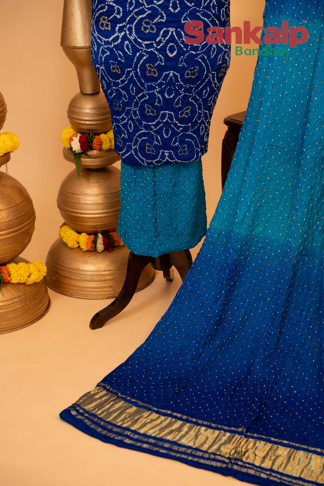 Blue Pure Gajji Rai Bandhej Dress Material