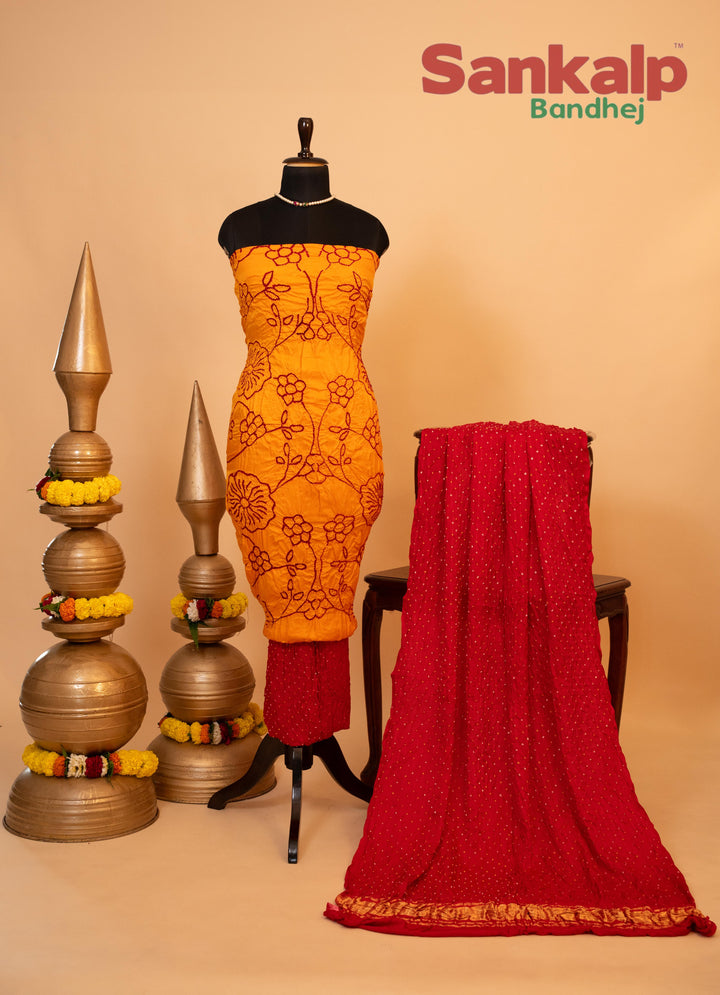 Yellow and Pink Pure Gajji Rai Bandhej Dress Material