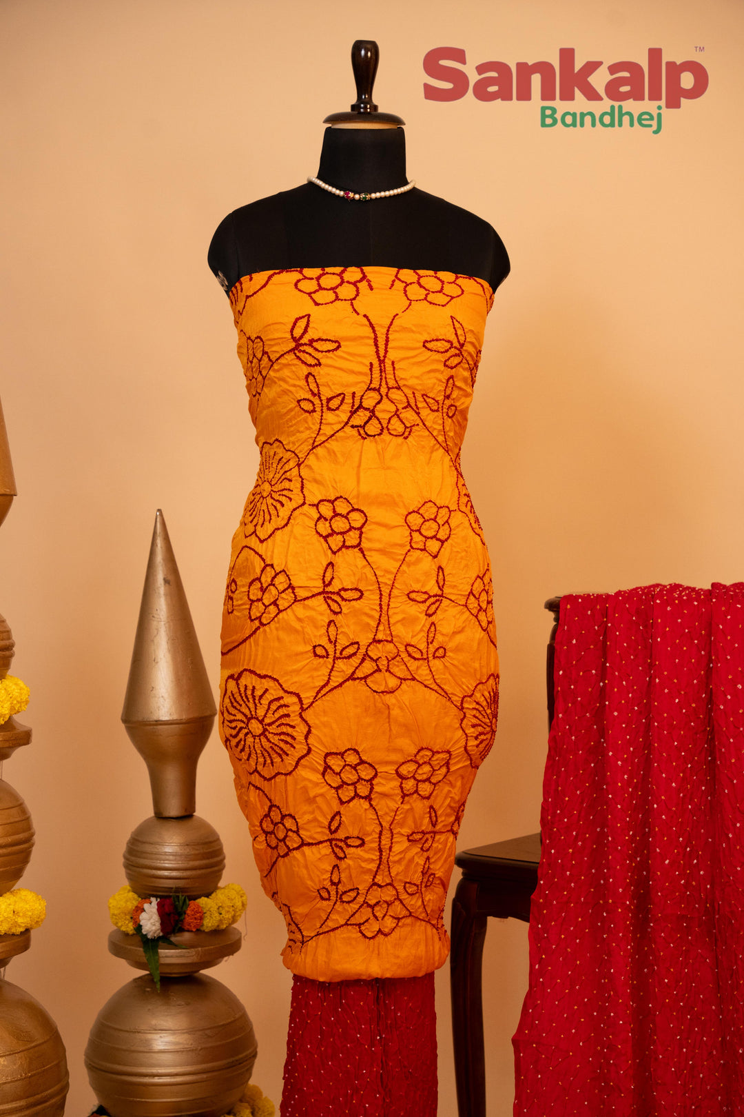 Yellow and Pink Pure Gajji Rai Bandhej Dress Material