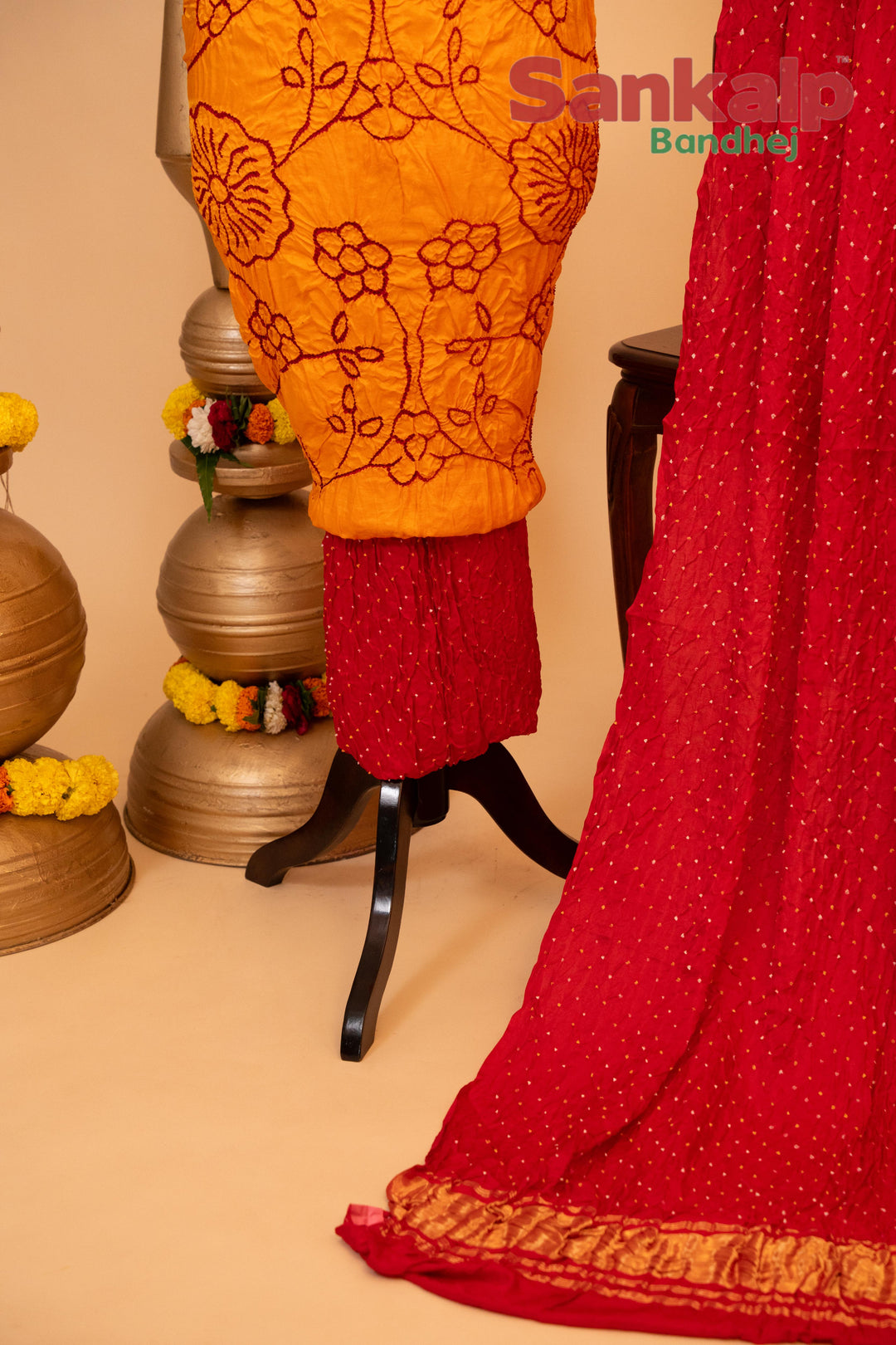 Yellow and Pink Pure Gajji Rai Bandhej Dress Material