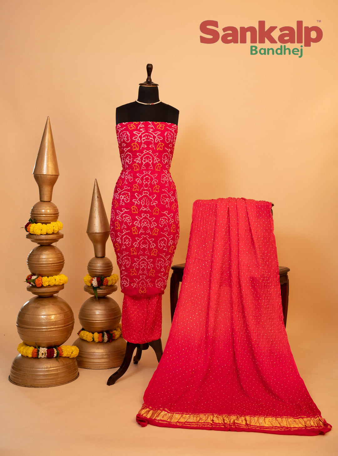 rani pink dress material Rani Pink Bandhani Printed With Cording Sequins Emboridery Chanderi Si