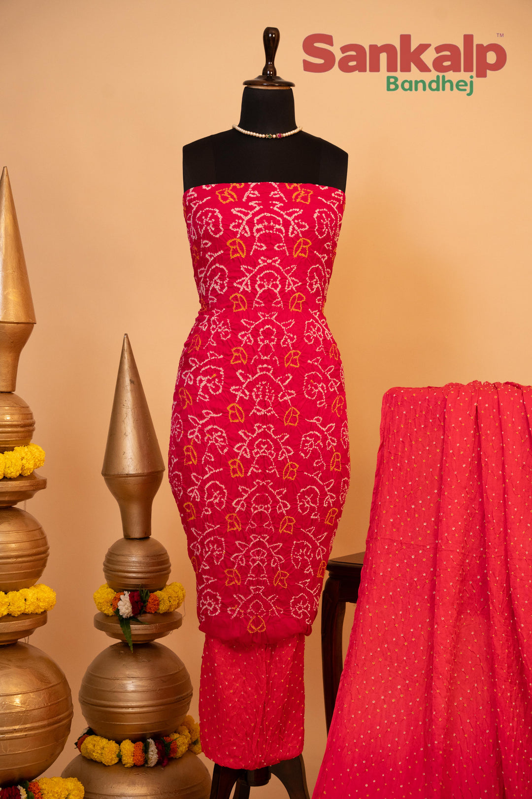 Rani Pink Pure Gajji Rai Bandhej Dress Material