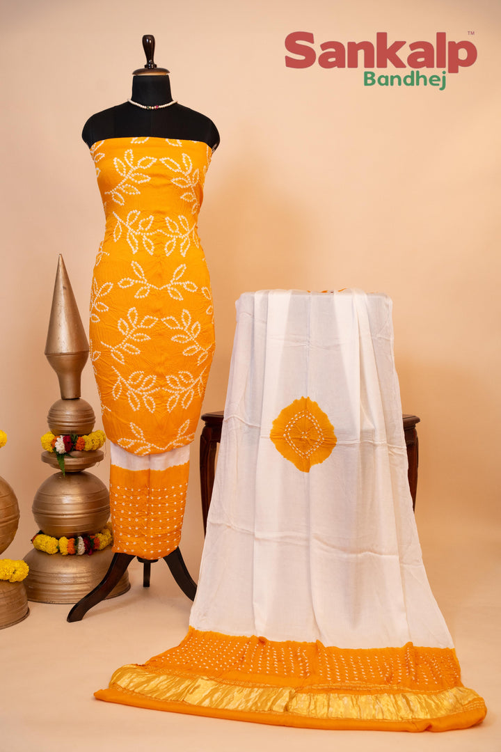 Yellow and White Modal Silk Fancy Ambadal Dress Material