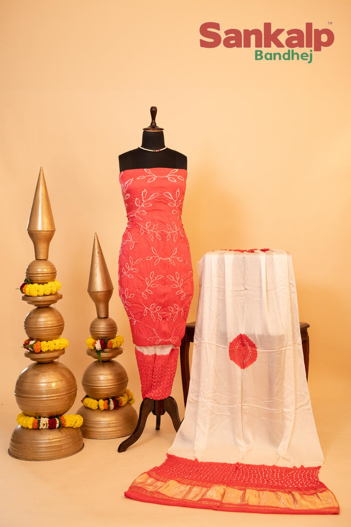 Peach and White Modal Silk Fancy Ambadal Dress Material