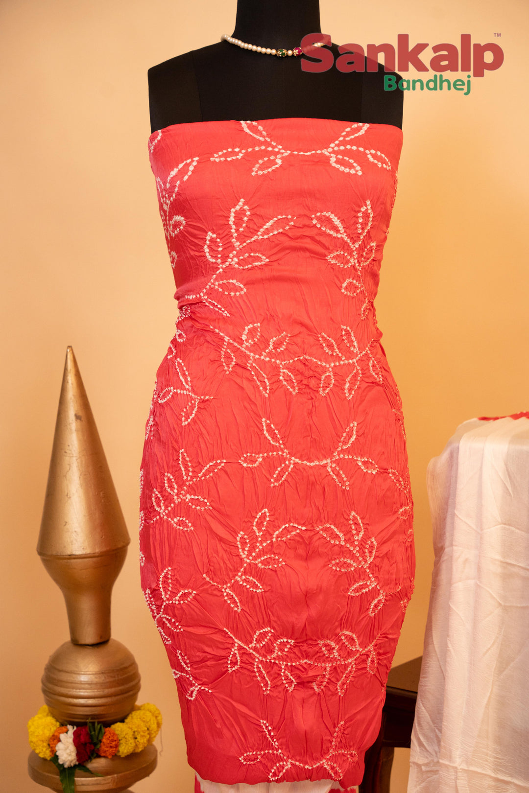 Peach and White Modal Silk Fancy Ambadal Dress Material