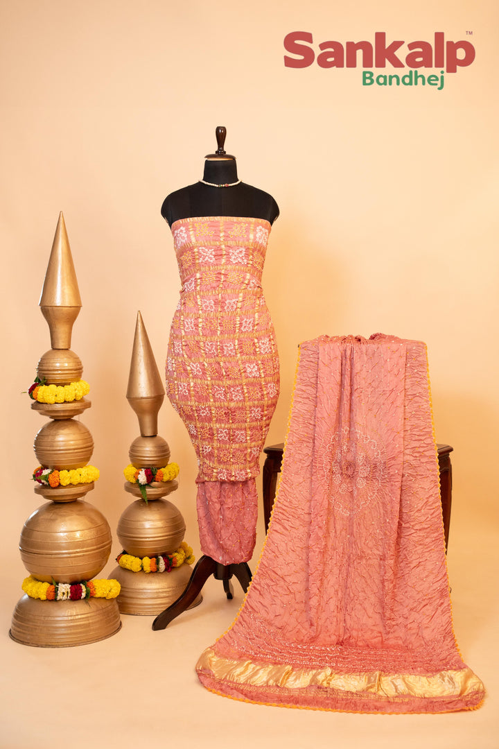 Coral Pink Pure Modal Gaji Silk Gharchola Dress Material