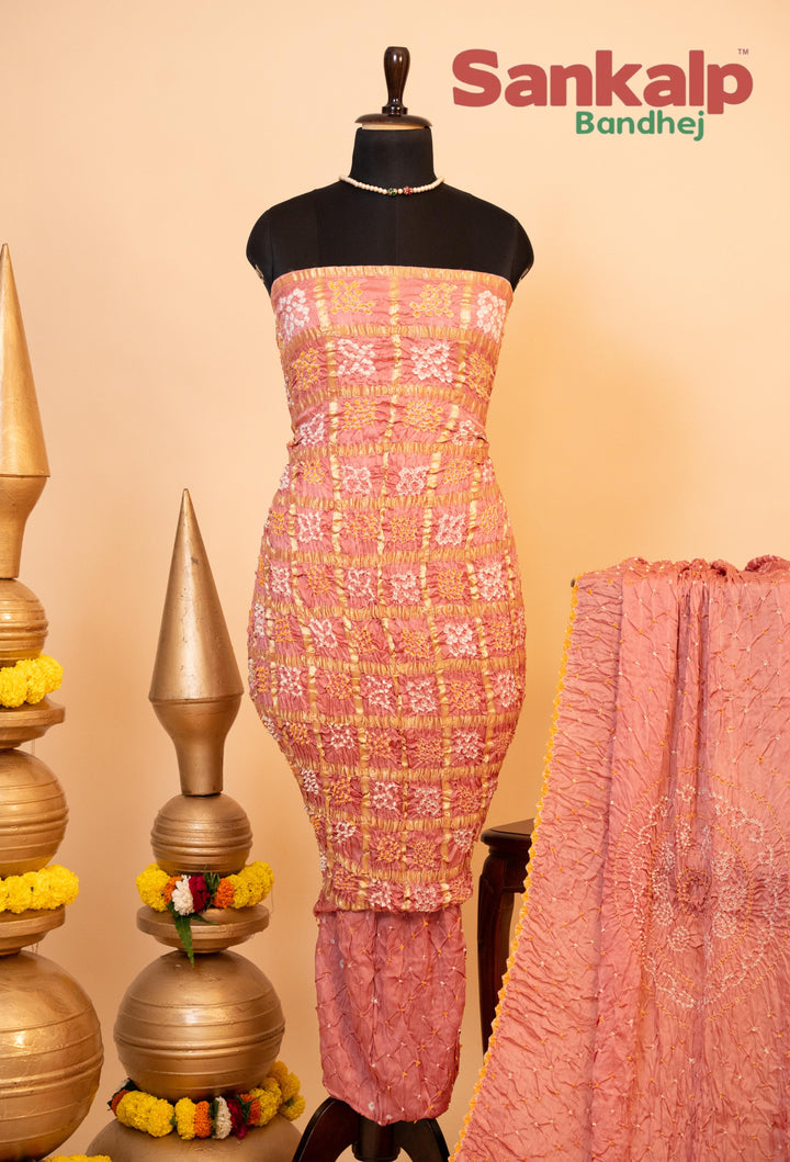 Coral Pink Pure Modal Gaji Silk Gharchola Dress Material