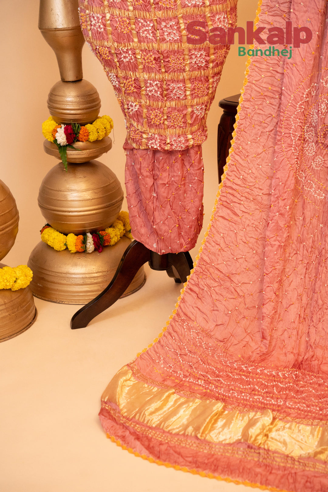 Coral Pink Pure Modal Gaji Silk Gharchola Dress Material