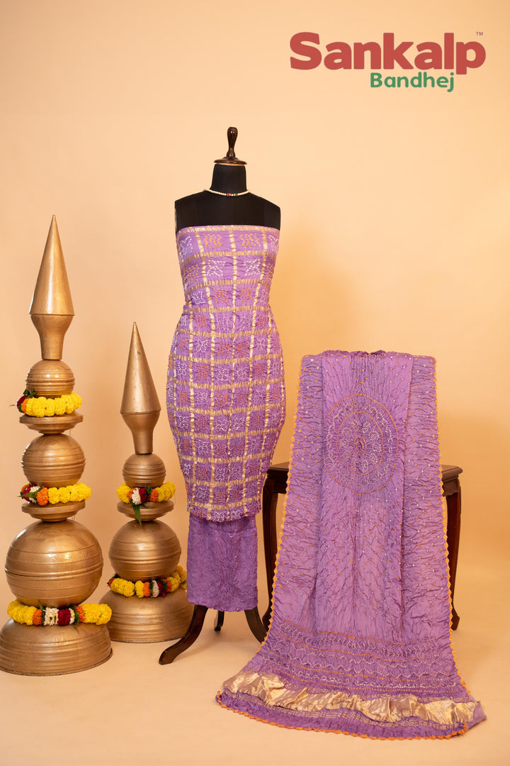 Lavender Pure Modal Gaji Silk Gharchola Dress Material