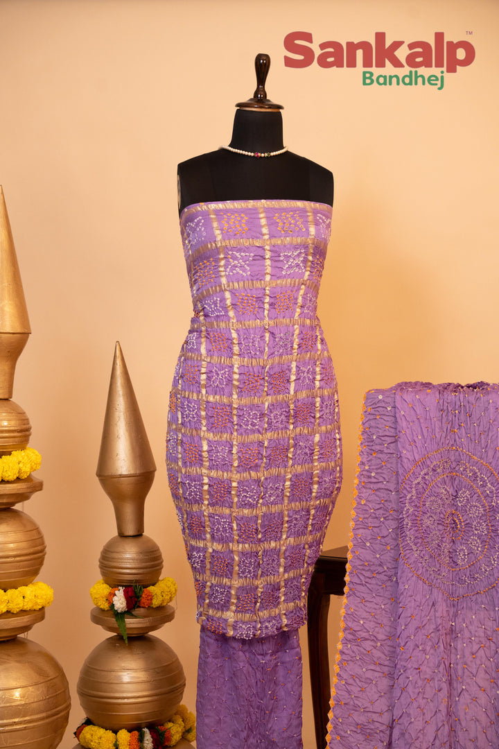 Lavender Pure Modal Gaji Silk Gharchola Dress Material
