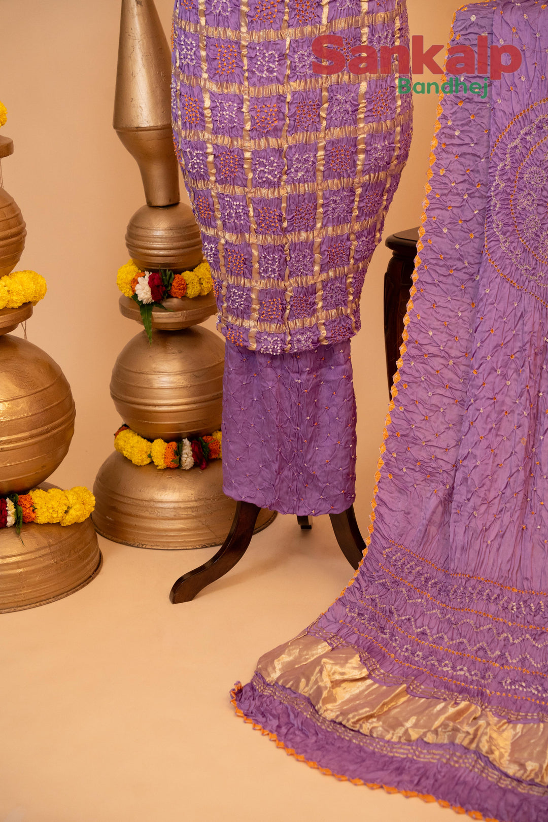 Lavender Pure Modal Gaji Silk Gharchola Dress Material