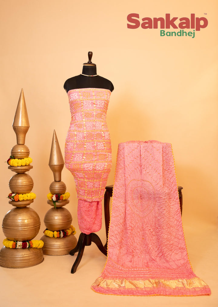 Baby Pink Pure Modal Gaji Silk Gharchola Dress Material