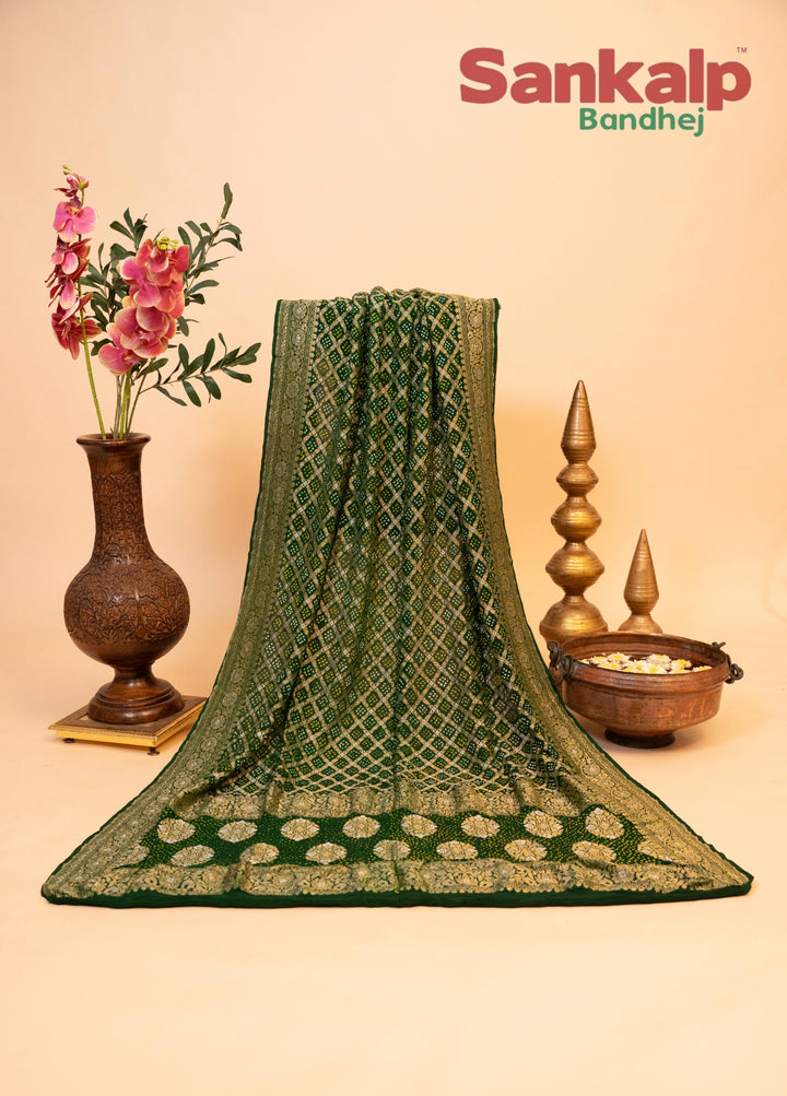Neem Zari Georgette Bandhani Duppata In Mehendi Green Color