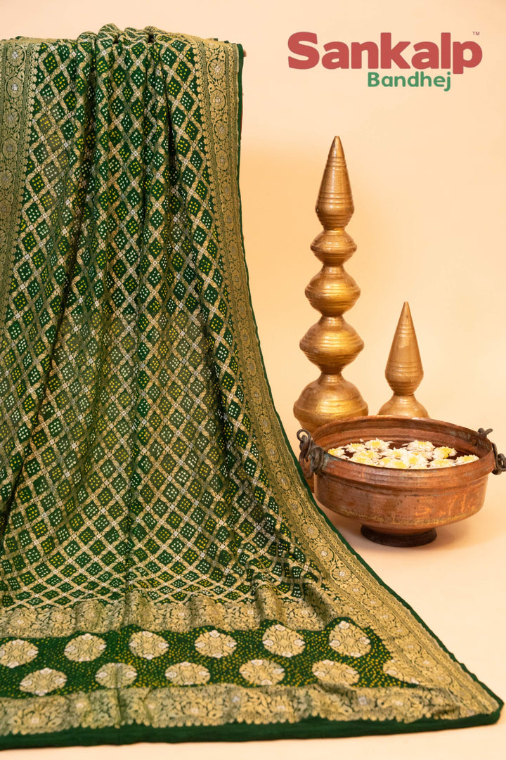 Neem Zari Georgette Bandhani Duppata In Mehendi Green Color