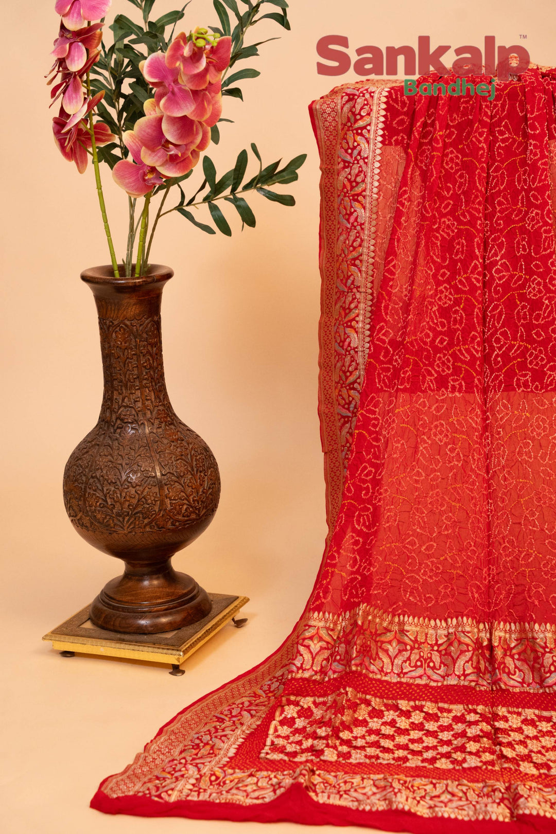 Banarasi Geogette Meenakari Zari Dupatta in Bright Red Color