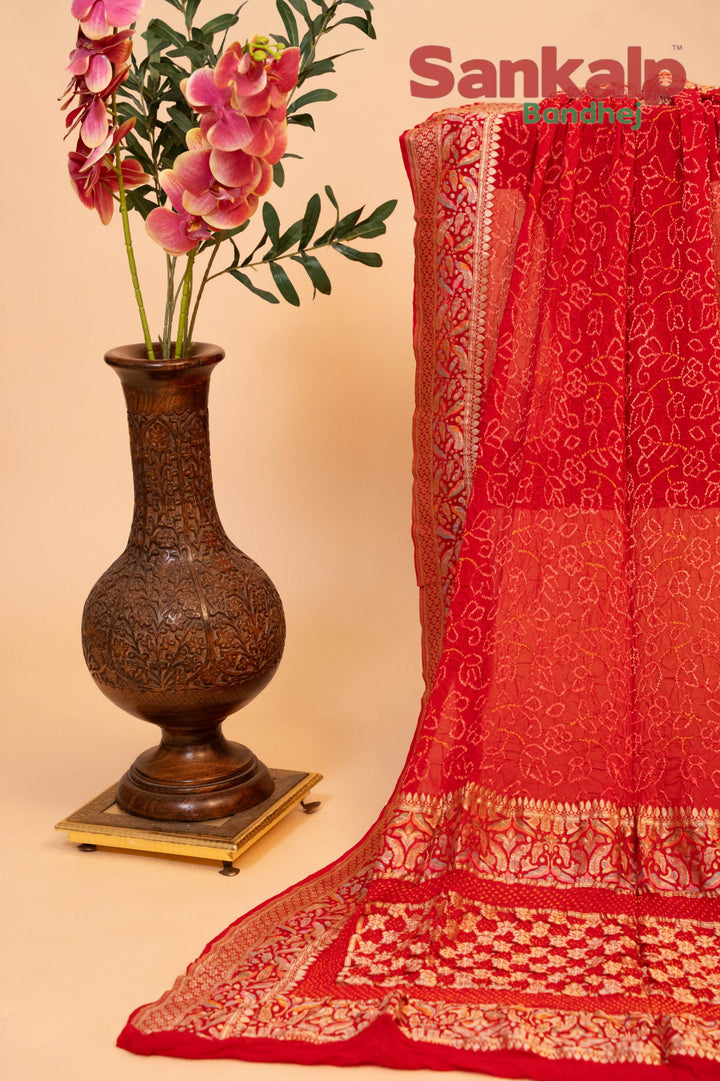 Banarasi Geogette Meenakari Zari Dupatta in Bright Red Color