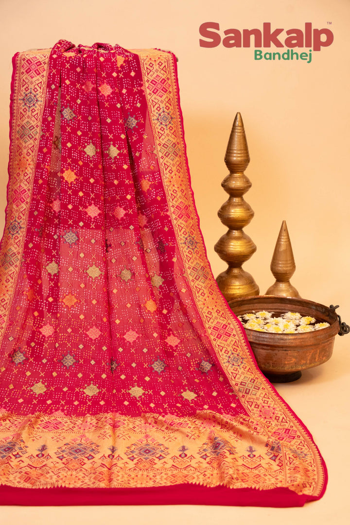 Elegant Rani Pink Patola Dupatta with Neem Zari Border