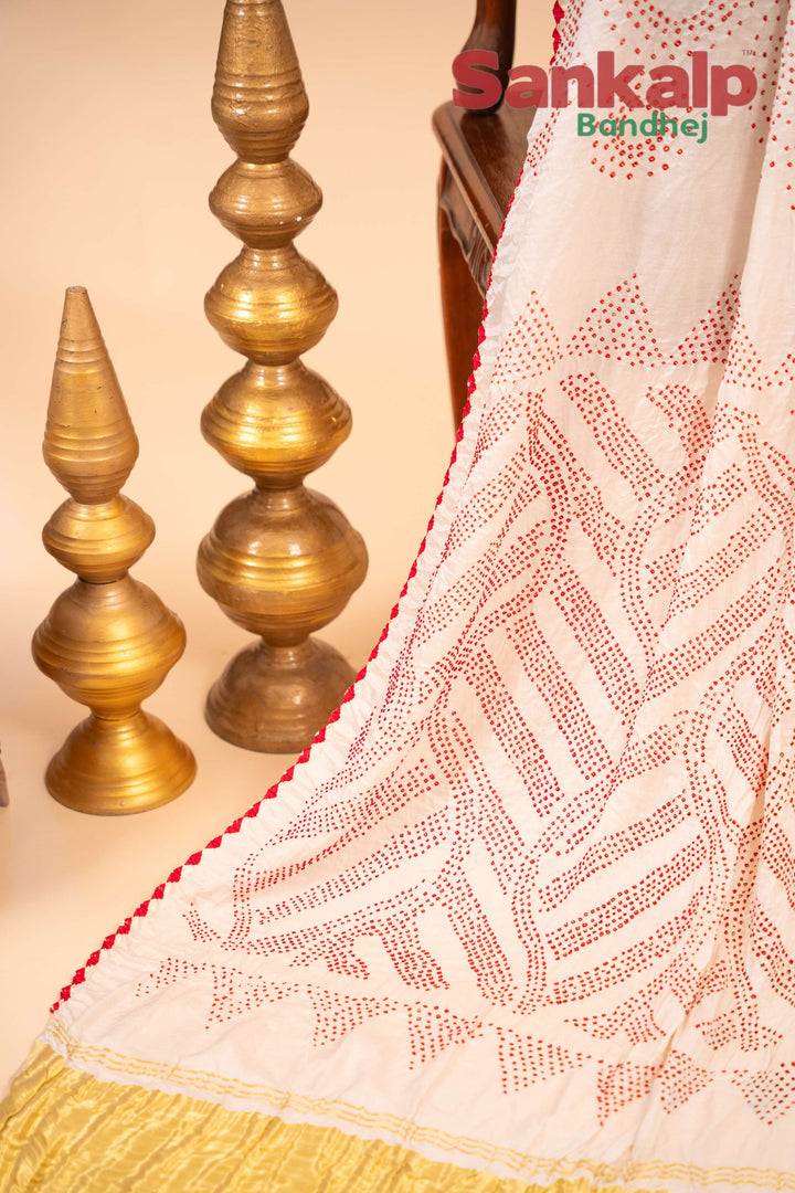 Off White Pure Gajji Silk Rai Bandhej Saree