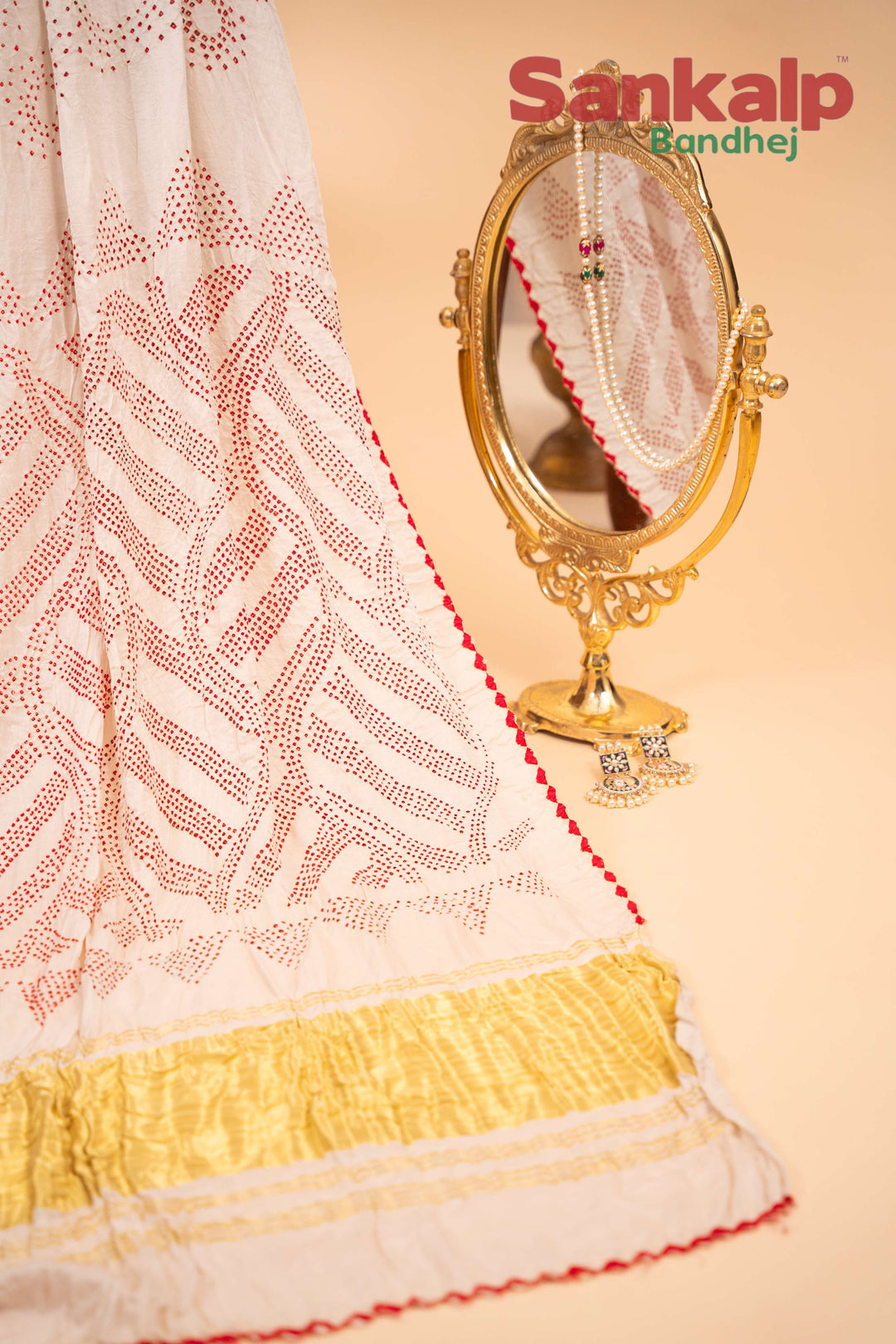 Off White Pure Gajji Silk Rai Bandhej Saree