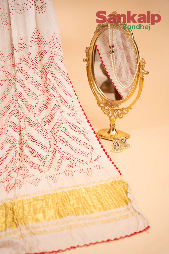 Off White Pure Gajji Silk Rai Bandhej Saree