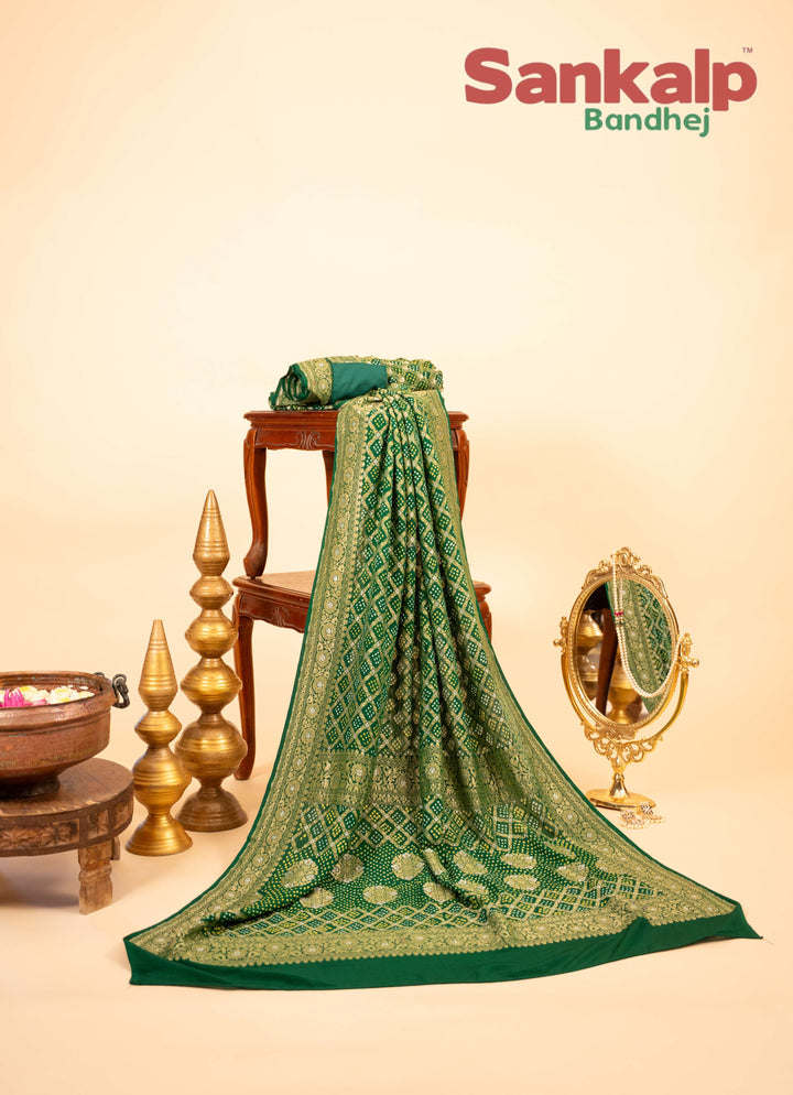 Bottle Green Pure Banarasi Georgette Bandhej Saree