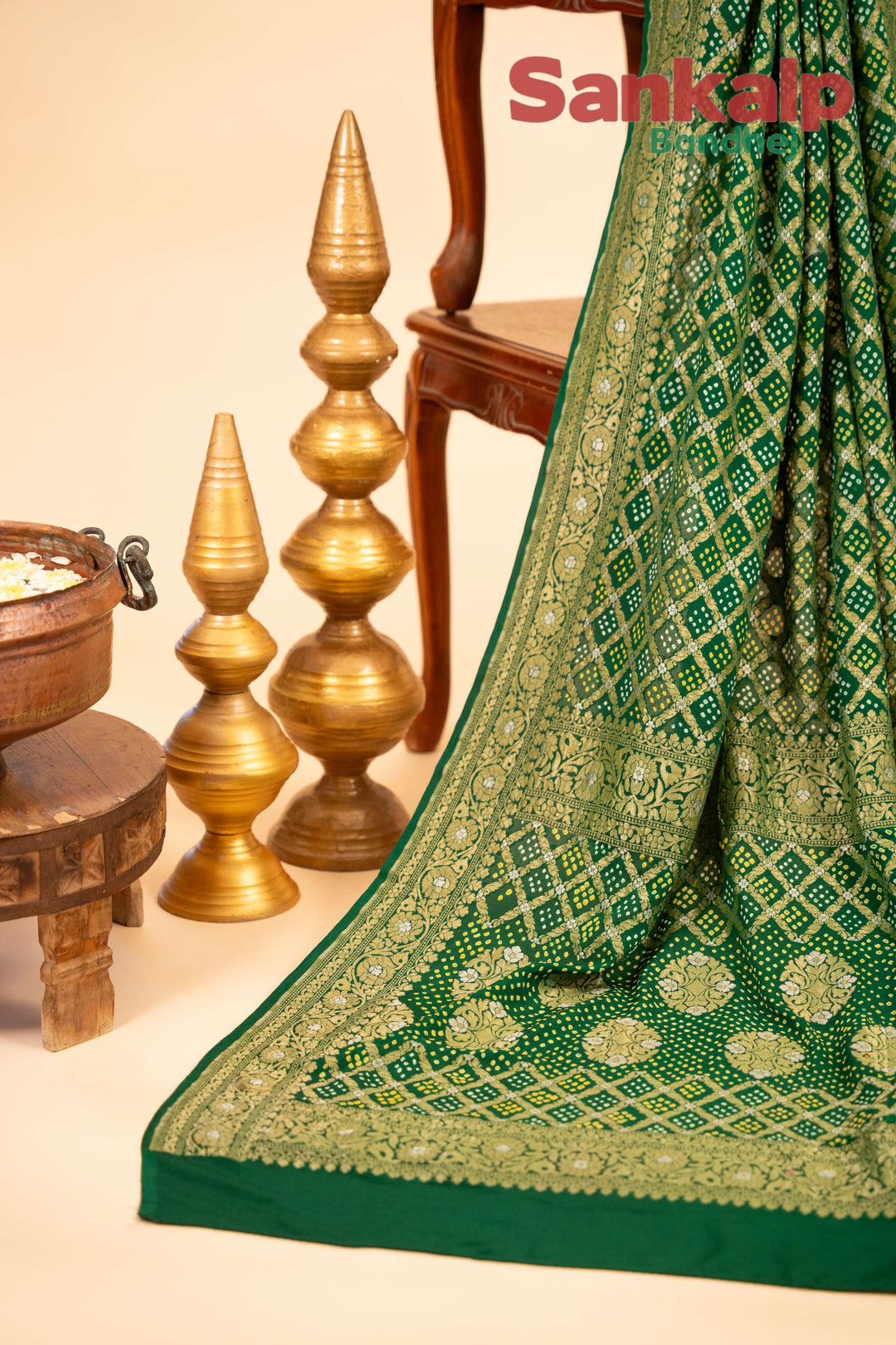 Bottle Green Pure Banarasi Georgette Bandhej Saree