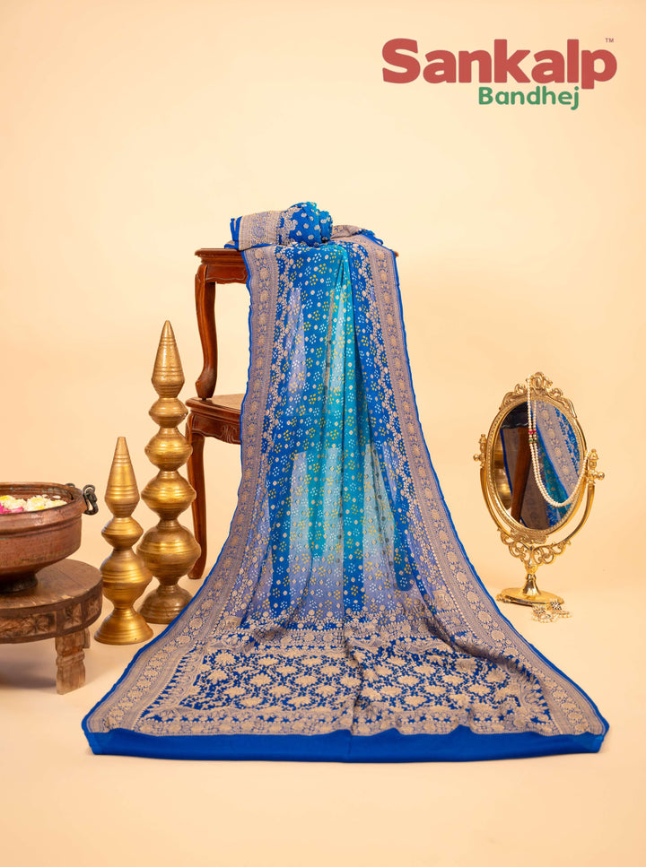 Blue Pure Banarasi Georgette 7 Dot Bandhej Saree