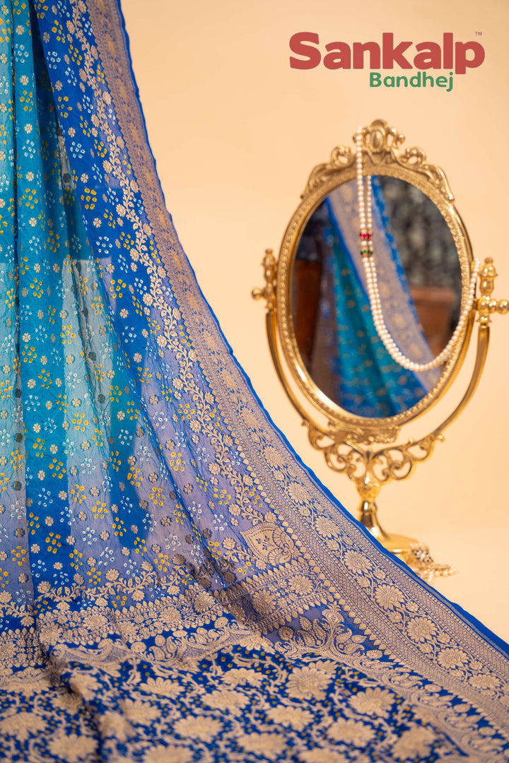 Blue Pure Banarasi Georgette 7 Dot Bandhej Saree