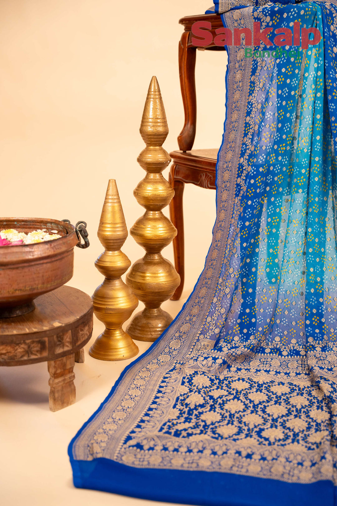 Blue Pure Banarasi Georgette 7 Dot Bandhej Saree