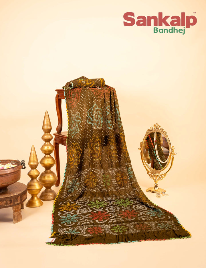 Brown Pure Gajji Silk Bharti Bandhej Saree