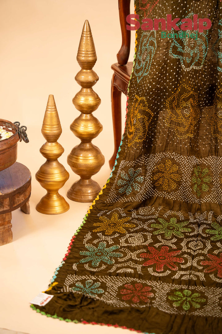 Brown Pure Gajji Silk Bharti Bandhej Saree