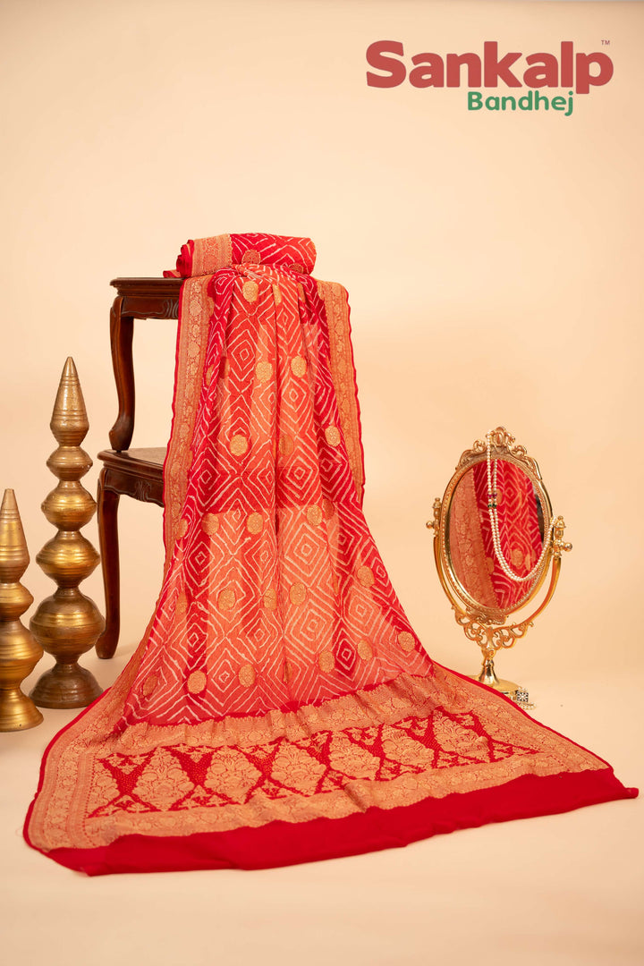 Red Pure Banarasi Georgette Rai Bandhej Saree With Neem Zari