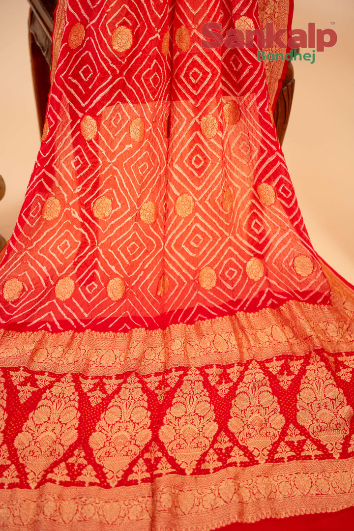 Red Pure Banarasi Georgette Rai Bandhej Saree With Neem Zari