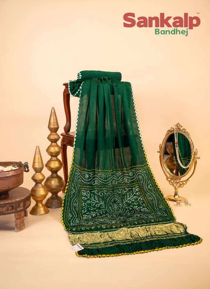 Dark Green Pure Gajji Silk Bandhani Saree With Lagdi Patta Pallav