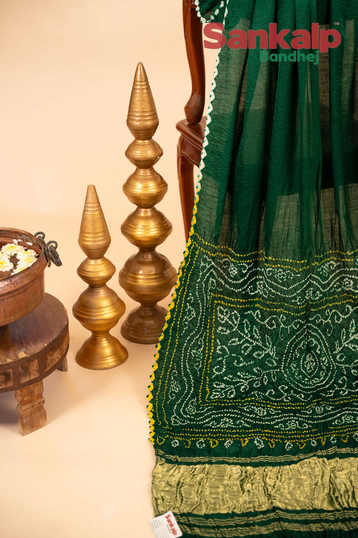 Dark Green Pure Gajji Silk Bandhani Saree With Lagdi Patta Pallav