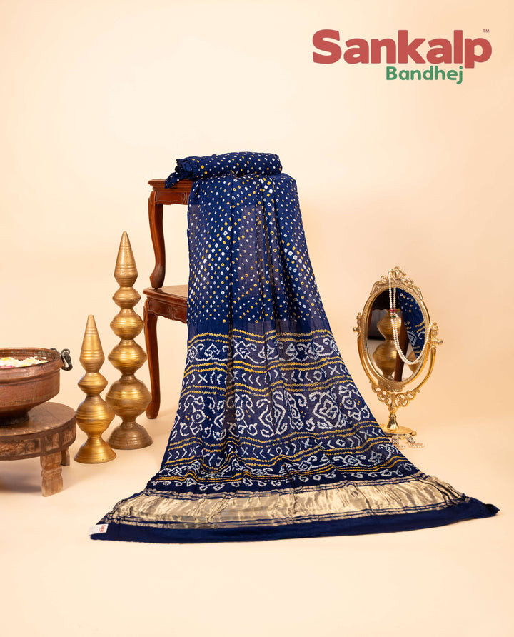 Dark Blue Gajji Silk Bandhani Saree With Lagdi Patta