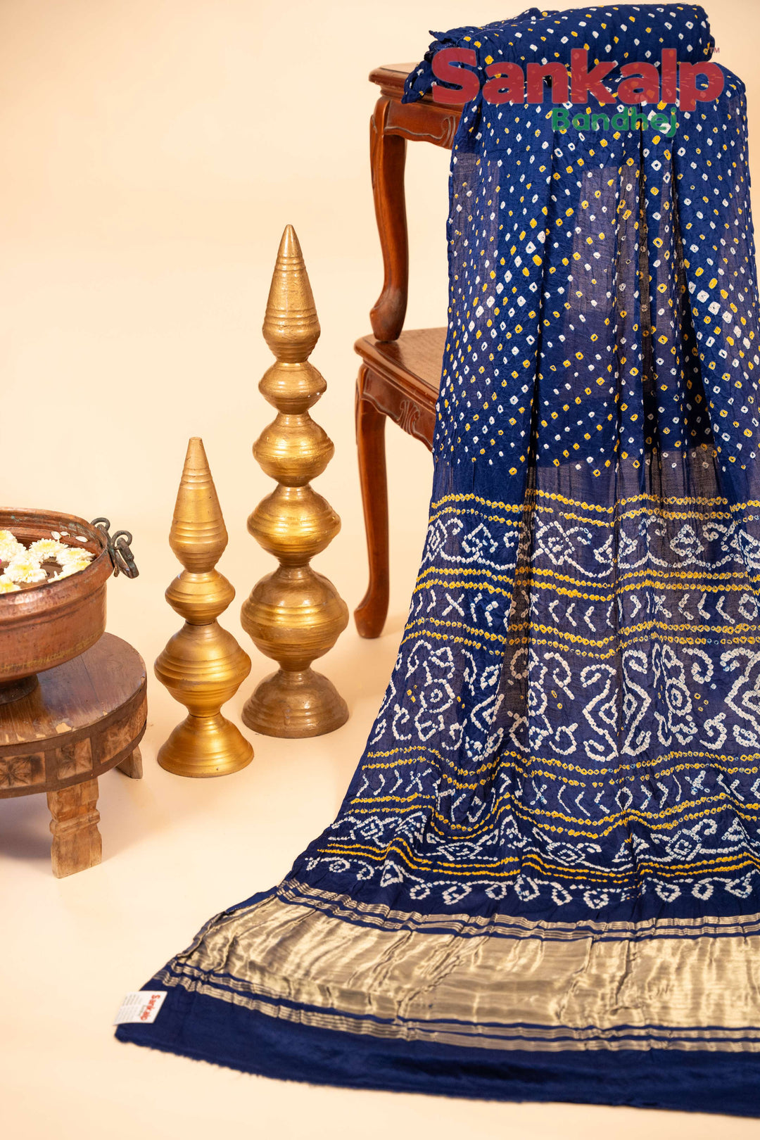 Dark Blue Gajji Silk Bandhani Saree With Lagdi Patta