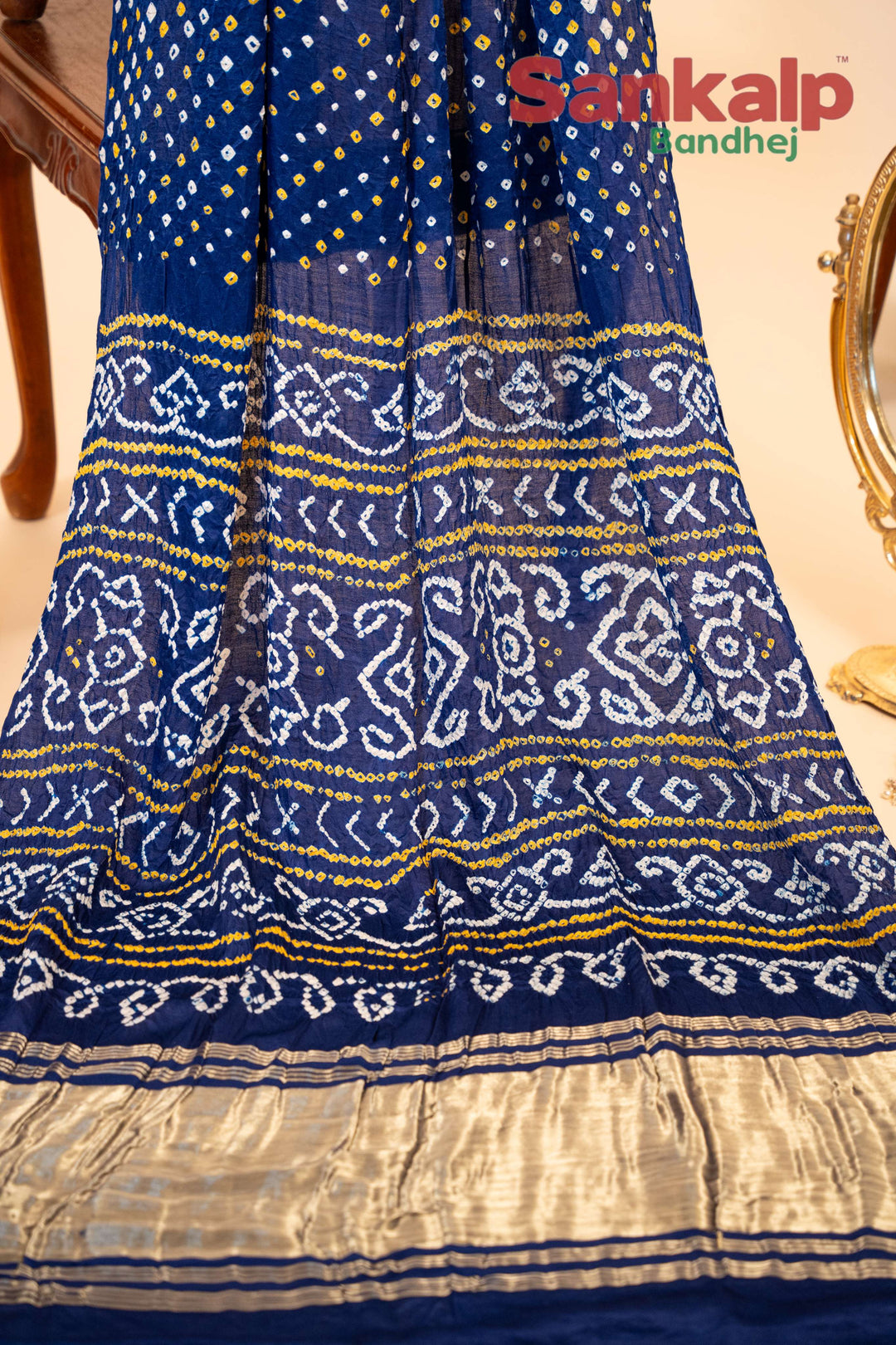 Dark Blue Gajji Silk Bandhani Saree With Lagdi Patta