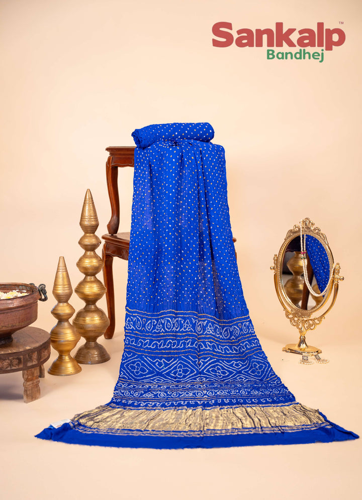 Royal Blue Gajji Silk Bandhani Saree With Lagdi Patta