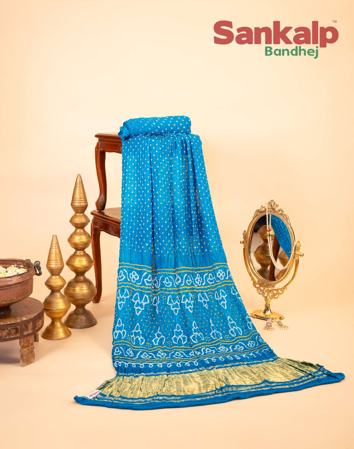 Sky Blue Pure Gajji Silk Bandhani Saree With Patti Palav