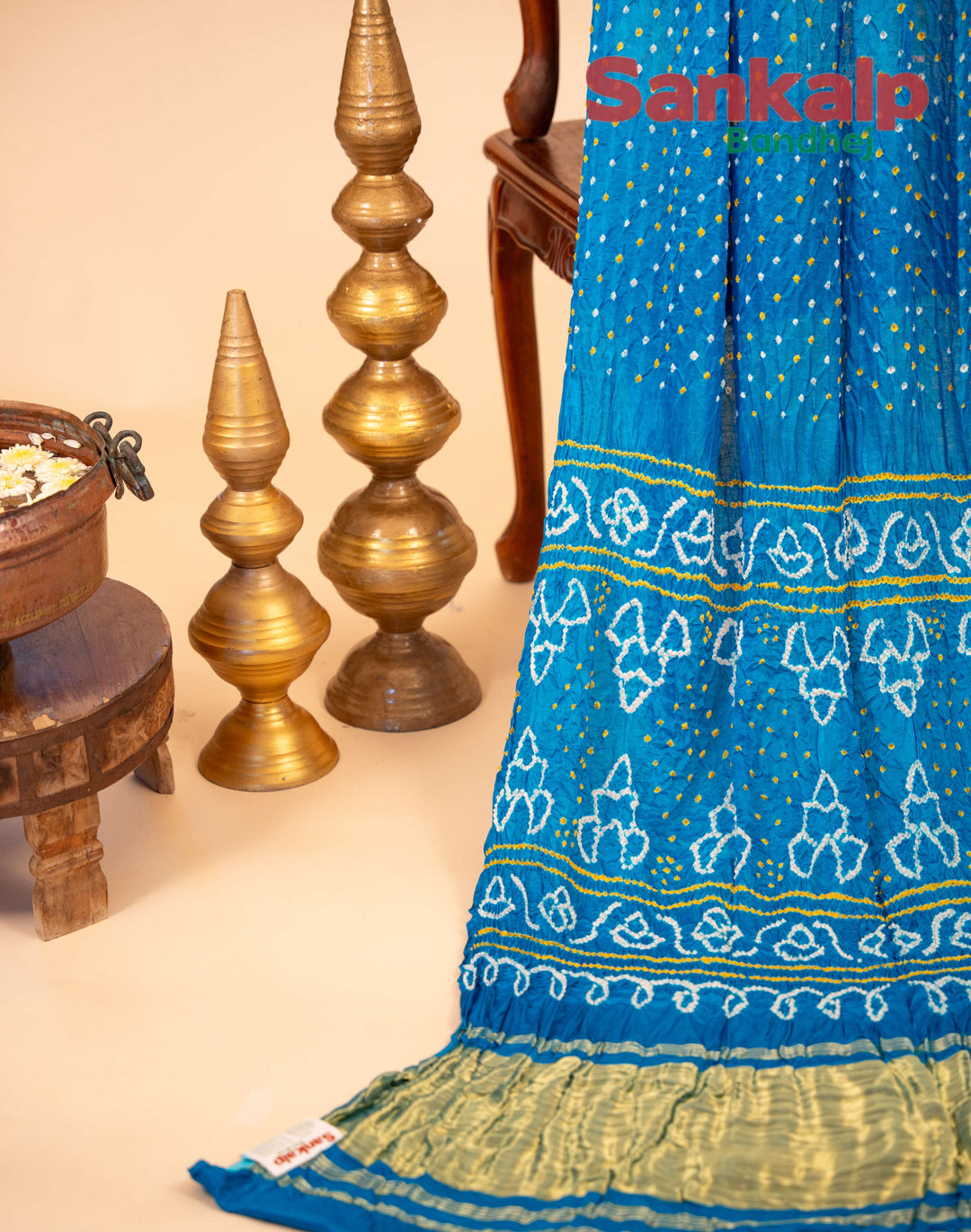 Sky Blue Pure Gajji Silk Bandhani Saree With Patti Palav