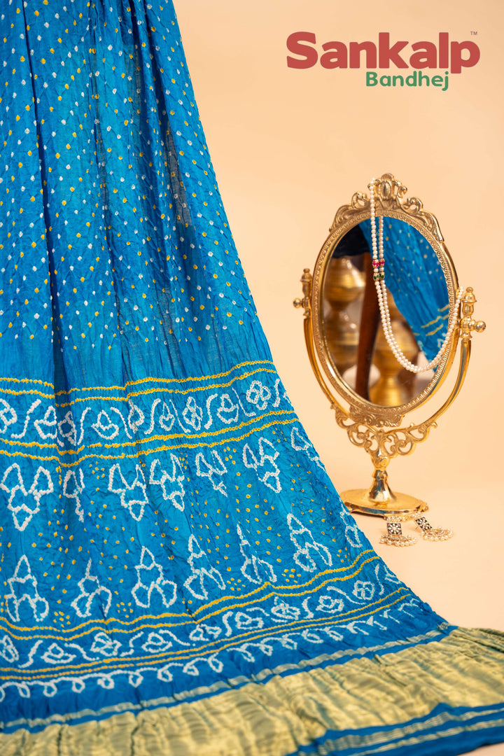 Sky Blue Pure Gajji Silk Bandhani Saree With Patti Palav