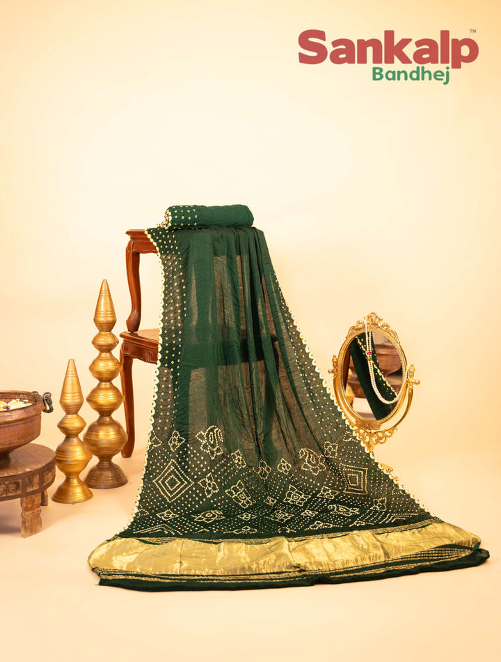 Dark Green Pure Modal Silk Lagdi Patta Pallav Bandhani Saree